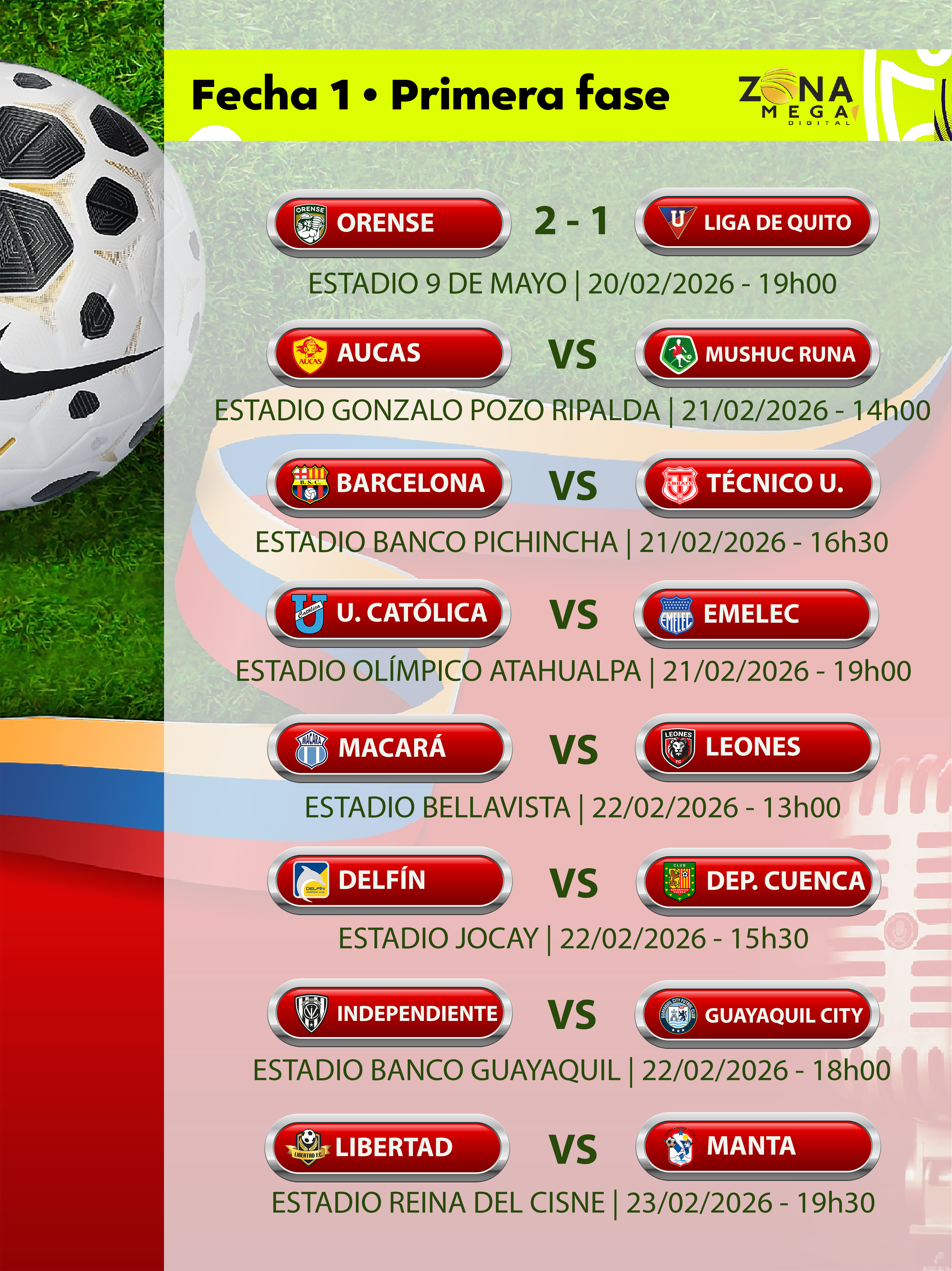 Calendario Liga Ecuabet Fecha 1